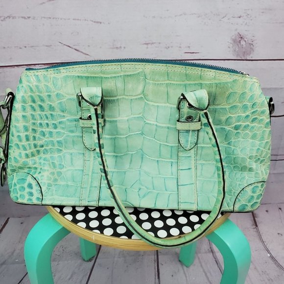 Dooney & Bourke Leather Mint Green Crocodile Handbag Silver Tone Hardware Satche - Picture 1 of 6